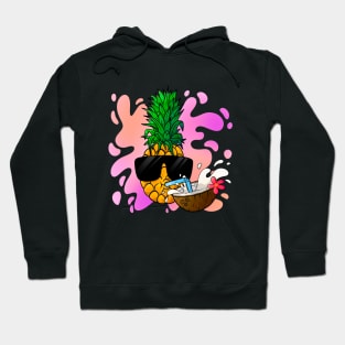 Cool pineapple with sunglasses drinking coconut juice. Hoodie